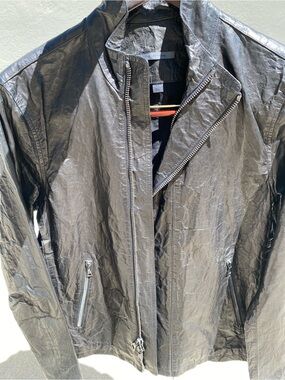 John Varvatos Black Crinkled Leather Bomber Jacket